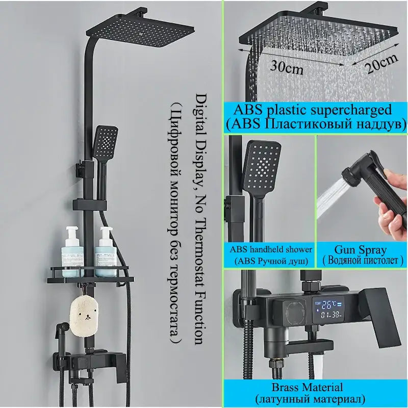 Modern matte black shower faucet set with abs plastic, brass, square rainhead, handheld shower, and digital display