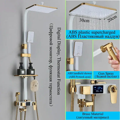 Modern gold and white shower faucet set with digital display, abs plastic parts, brass valve, and square rainhead