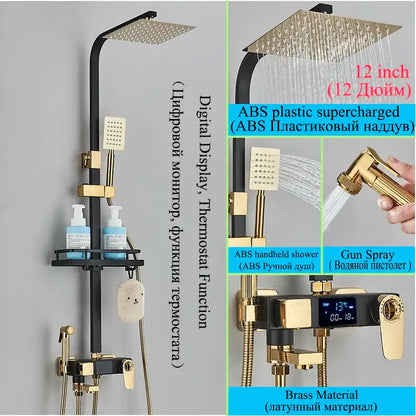 Modern matte black shower faucet set with black and gold brass, square rainhead, digital display, and abs components