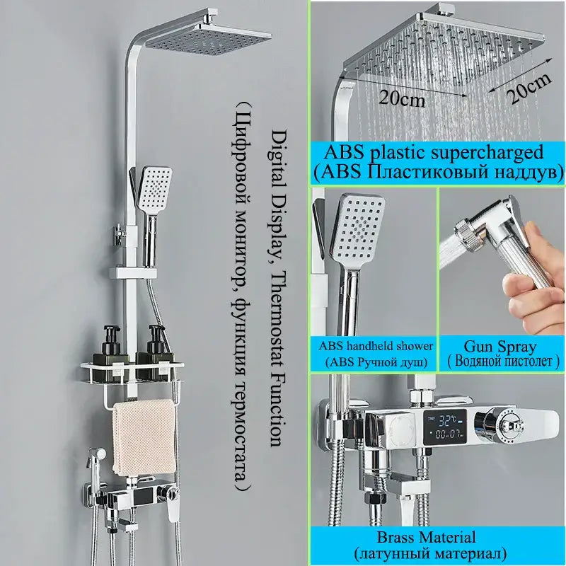 Modern matte black shower faucet set with chrome-finished square rainhead handheld spray and digital temperature display