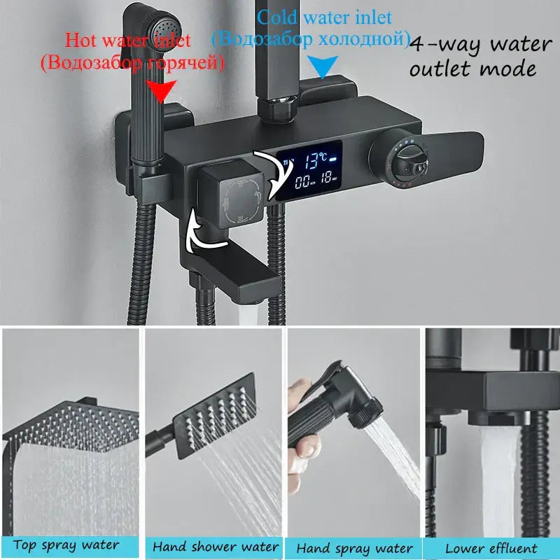 Modern matte black digital shower faucet set with bidet featuring a black matte finish and multiple spray modes