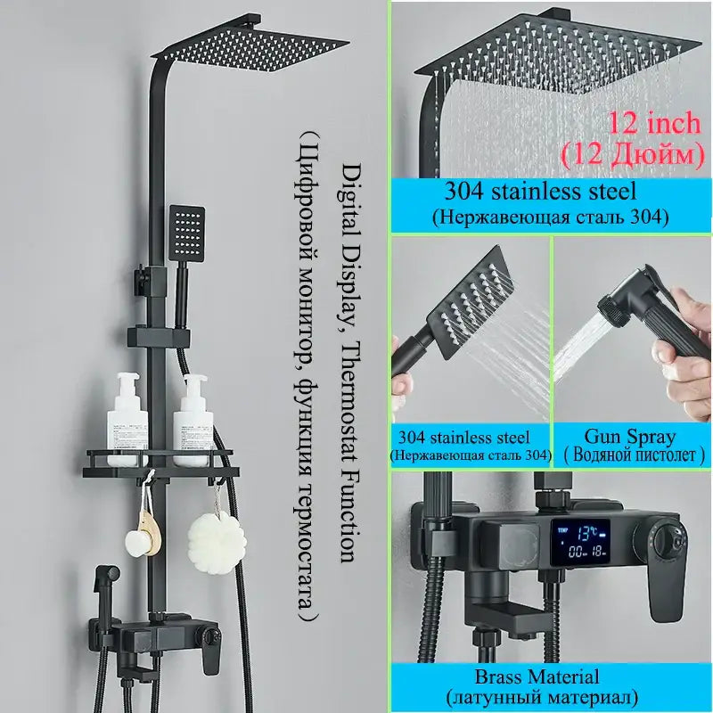Modern matte black 304 stainless steel shower faucet set with digital display and gun spray attachment for bathroom use