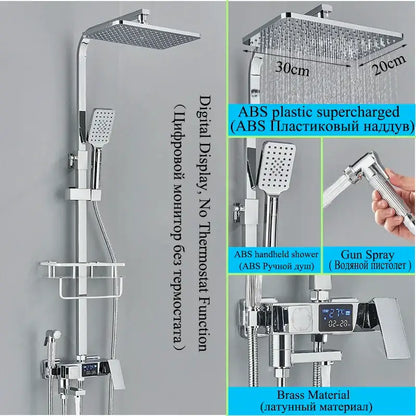 Modern matte black shower faucet set with chrome-finished brass rainhead, handheld spray, and digital display for bathroom