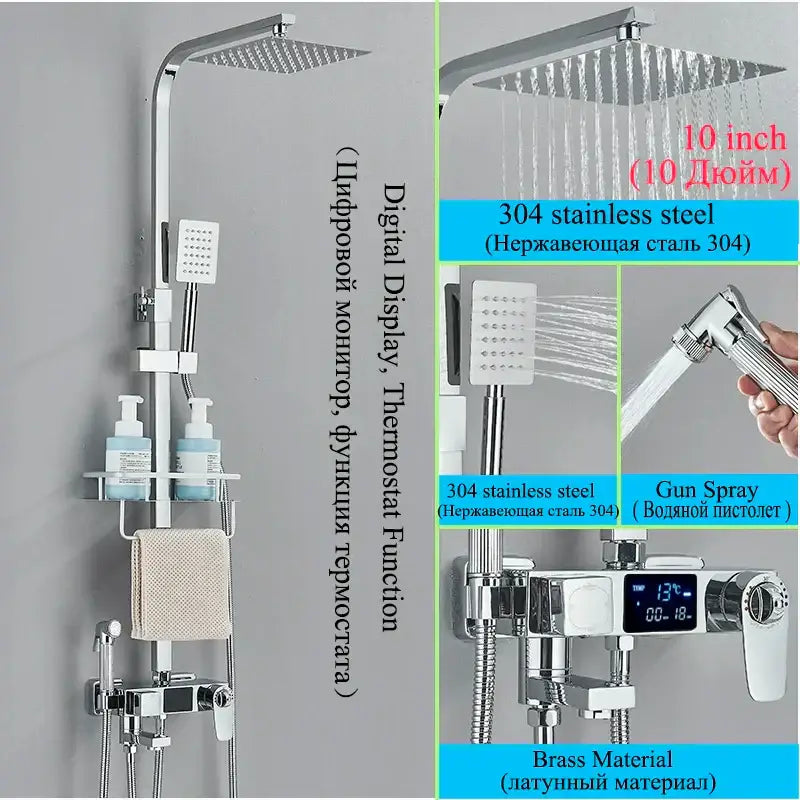 Modern matte black shower faucet set with chrome rainhead, handheld spray, and digital temperature display for bathroom