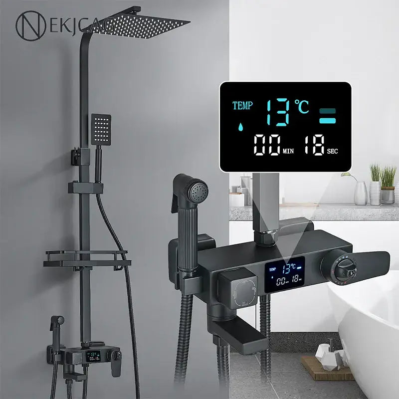 Modern matte black digital shower faucet set with bidet featuring temperature and timer display in black matte finish