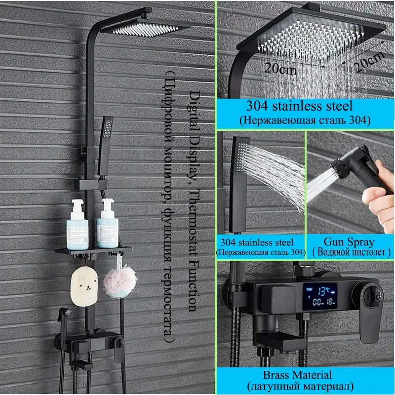 Black 304 stainless steel rain shower head with digital display and gun spray nozzle in modern shower faucet set