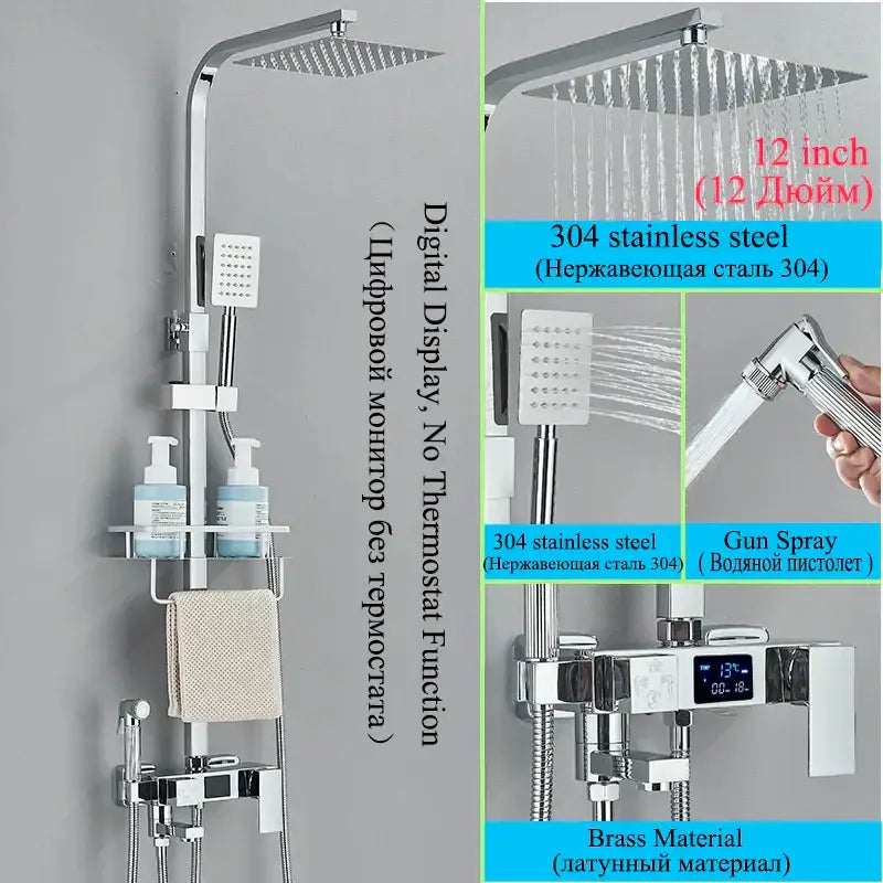 Modern matte black digital shower faucet set with bidet featuring chrome 304 stainless steel and brass components