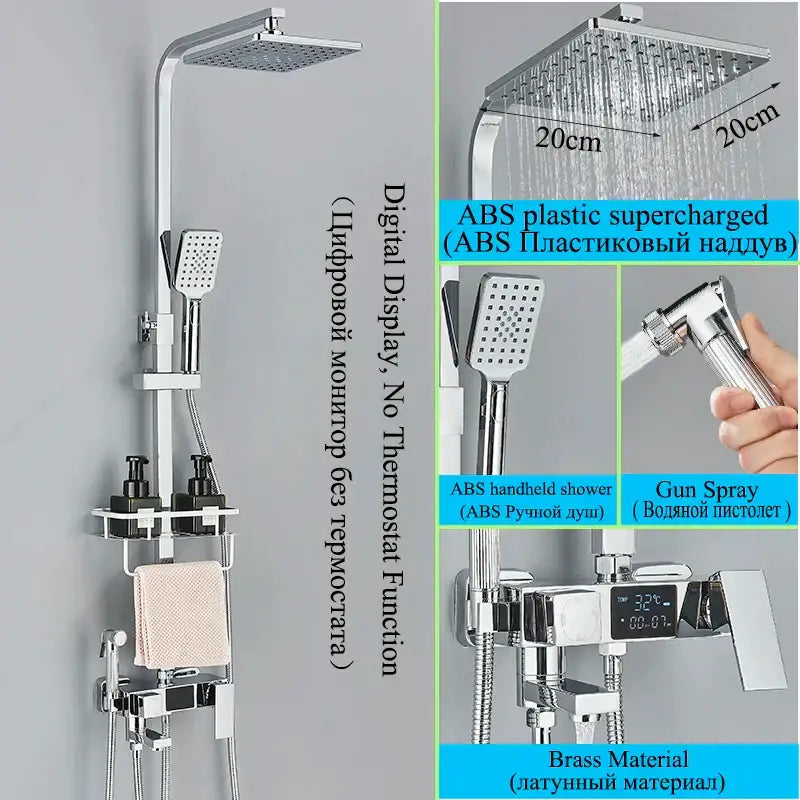 Modern matte black shower faucet set with chrome brass rainhead, handheld spray, and digital display for bathroom use