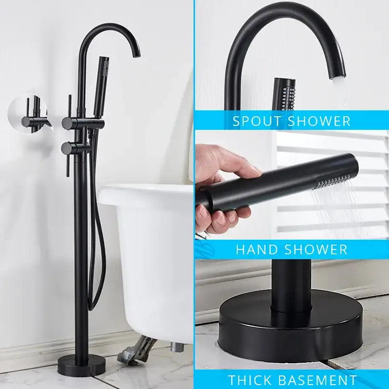 Modern matte black dual handle freestanding bathtub faucet set with integrated handheld showerhead and spout