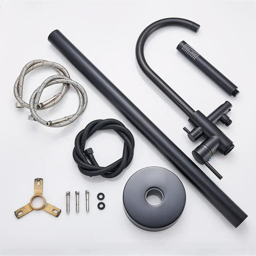 Modern matte black dual handle bathtub faucet set with curved spout and handheld showerhead in black matte finish
