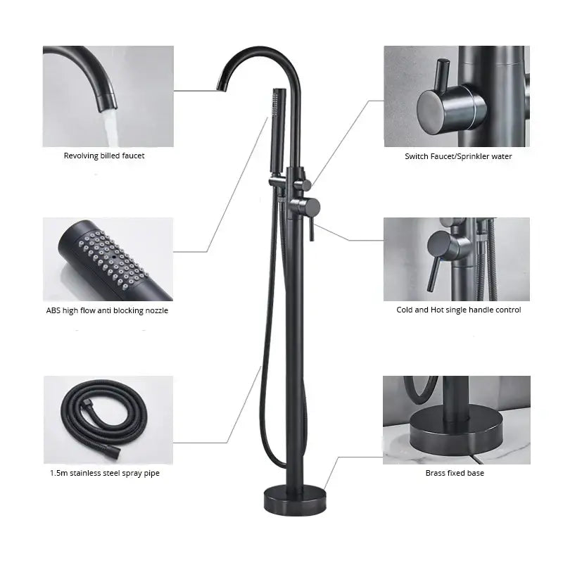 Modern matte black dual handle freestanding bathtub faucet set with curved spout and handheld showerhead for bathroom use