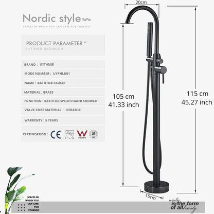 Modern matte black dual handle bathtub faucet set with curved spout and handheld showerhead for bathroom use
