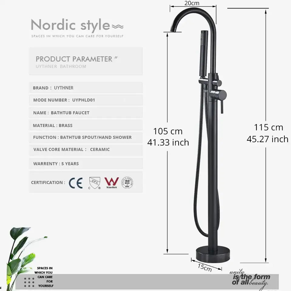 Modern matte black dual handle bathtub faucet set with curved spout and handheld showerhead for bathroom use