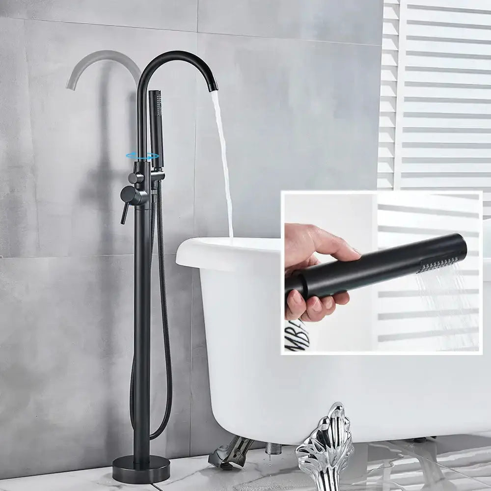 Modern matte black dual handle freestanding bathtub faucet set with tall slender design and handheld showerhead