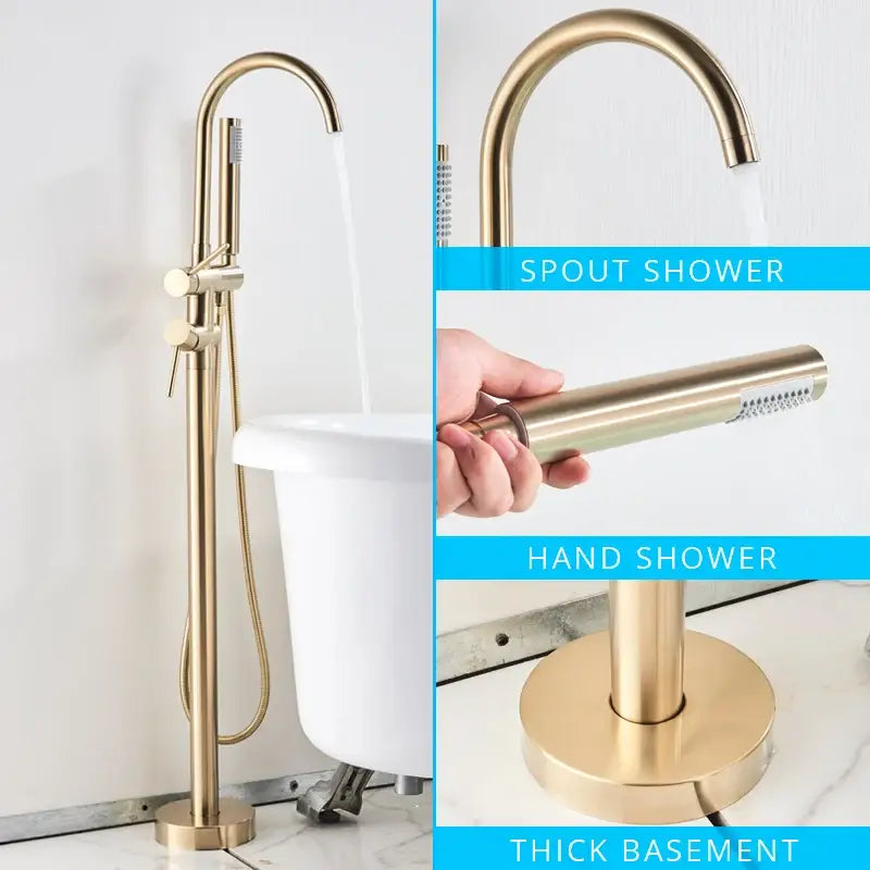 Gold-finished modern dual handle bathtub faucet set with tall spout handheld showerhead and thick basement base