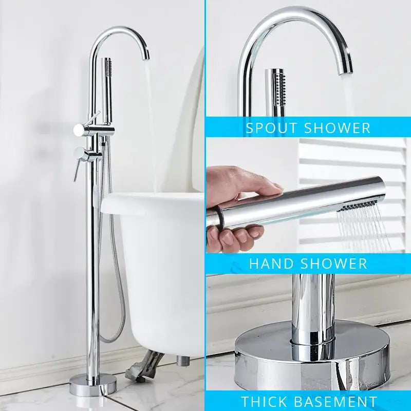 Chrome-finished freestanding dual handle bathtub faucet set with handheld showerhead and detachable spout shower