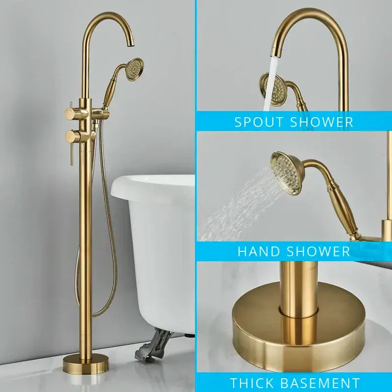 Modern matte black dual handle freestanding bathtub faucet set with brass-finished hand shower and sleek curved spout