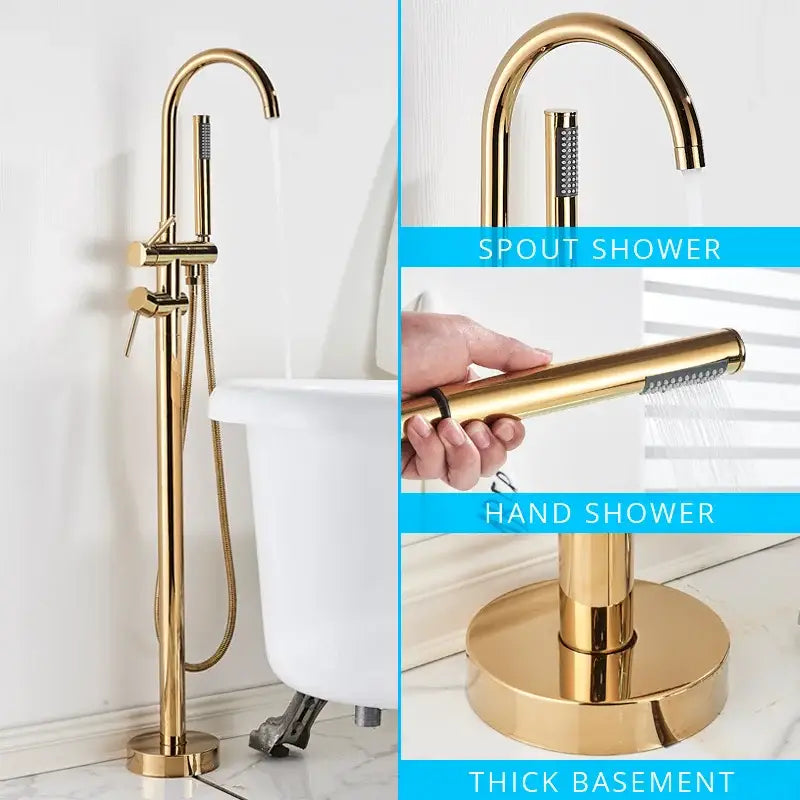 Modern matte black dual handle freestanding bathtub faucet set with gold finish and integrated handheld showerhead base