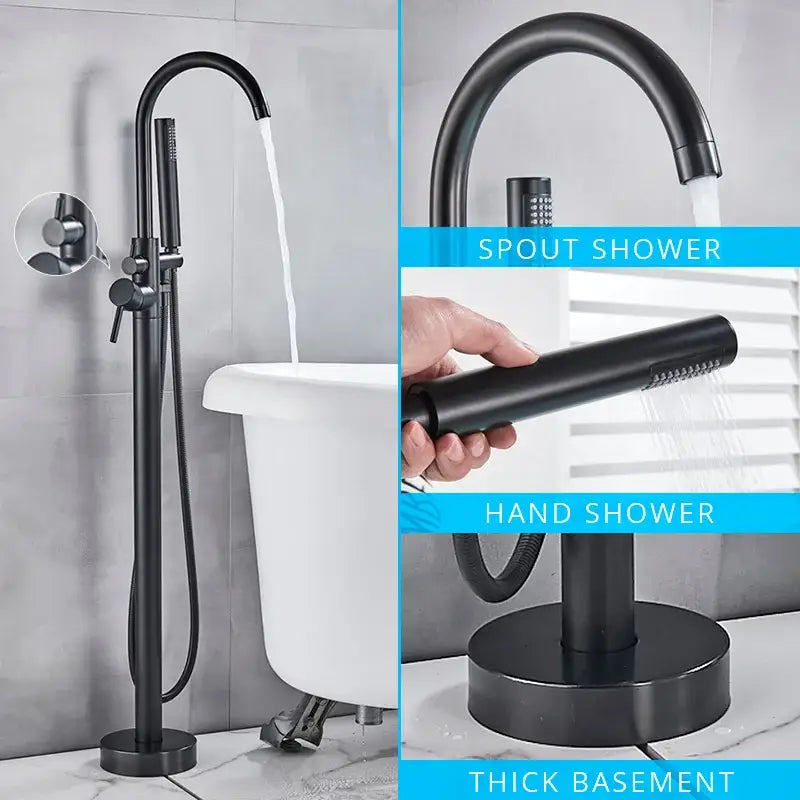 Modern matte black dual handle freestanding bathtub faucet set with integrated handheld showerhead and separate hand shower for versatile use