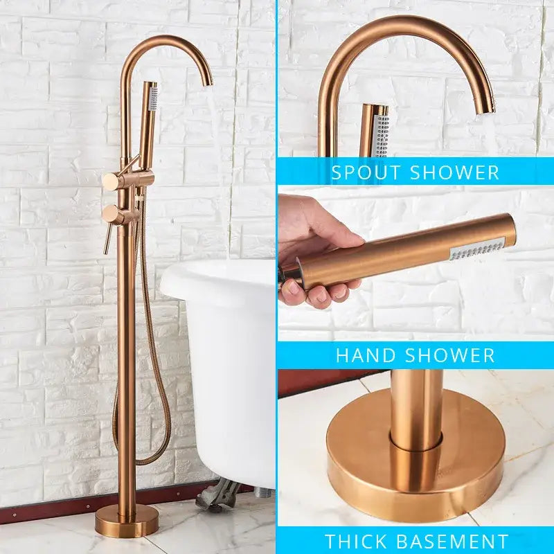 Brass-finished tall dual handle bathtub faucet set with detachable handheld showerhead and matching base mount