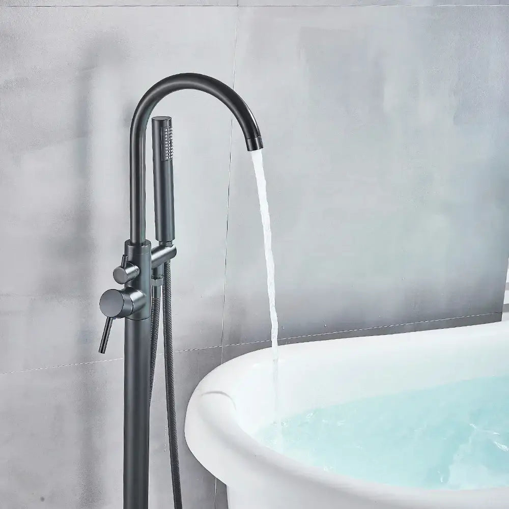 Modern matte black dual handle freestanding bathtub faucet set with curved spout and integrated handheld showerhead