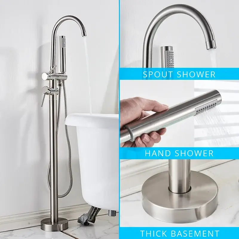 Modern matte black dual handle bathtub faucet set with stainless steel spout and hand shower on thick basement base