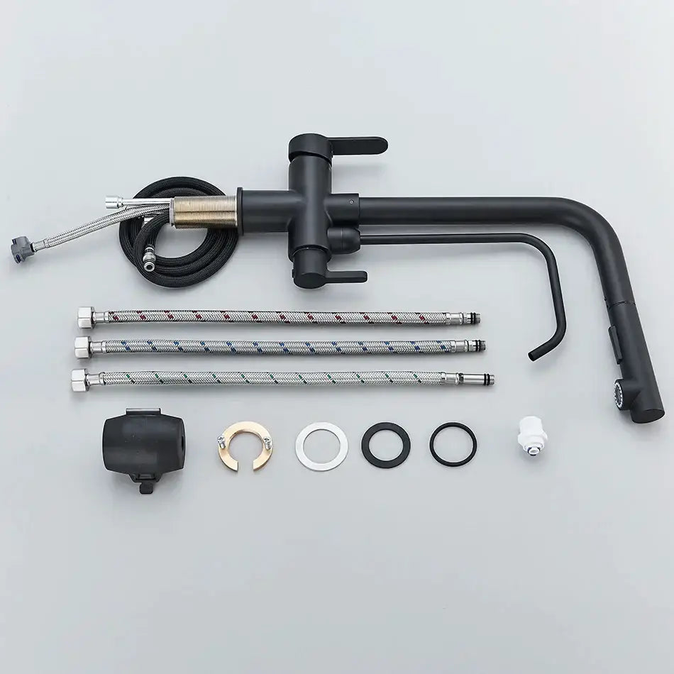 Modern matte black decorbites dual handle kitchen faucet with curved spout braided hoses and dual handle waterfilter system components