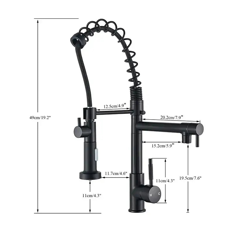 Modern matte black dual spout kitchen sink faucet with flexible spring hose and dual control knobs for hot and cold water decorbites dual spout