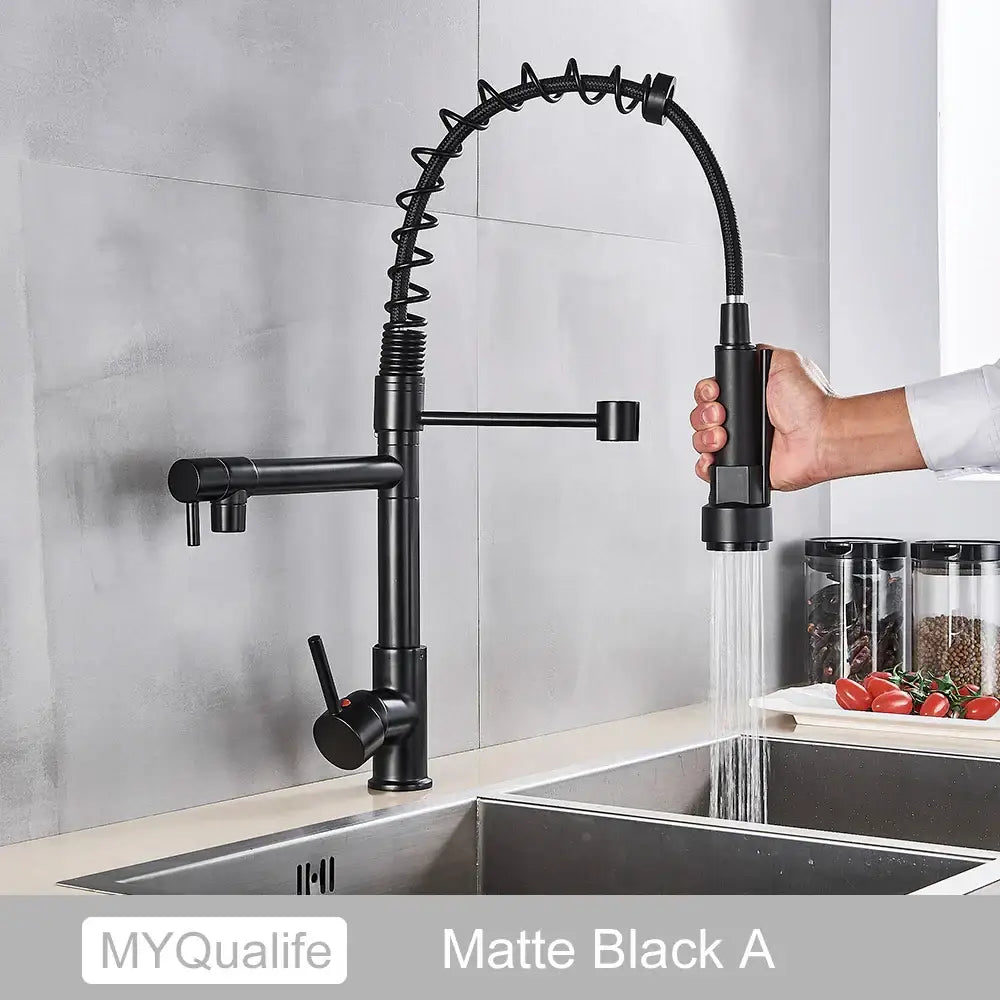 Modern matte black decorbites dual spout kitchen sink faucet with flexible spring hose and pull-out spray head