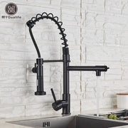 Modern matte black dual spout kitchen sink faucet with spring hose and pull-down spray head by myqualife decorbites dual spout