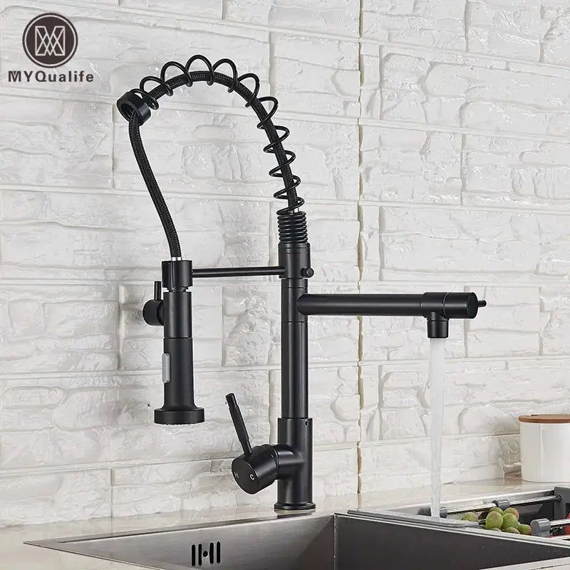 Modern matte black dual spout kitchen sink faucet with spring hose and pull-down spray head by myqualife decorbites dual spout