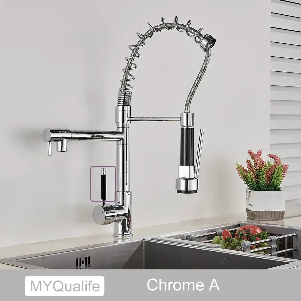 Modern matte black decorbites dual spout kitchen faucet with chrome flexible coil hose and black spray head accents