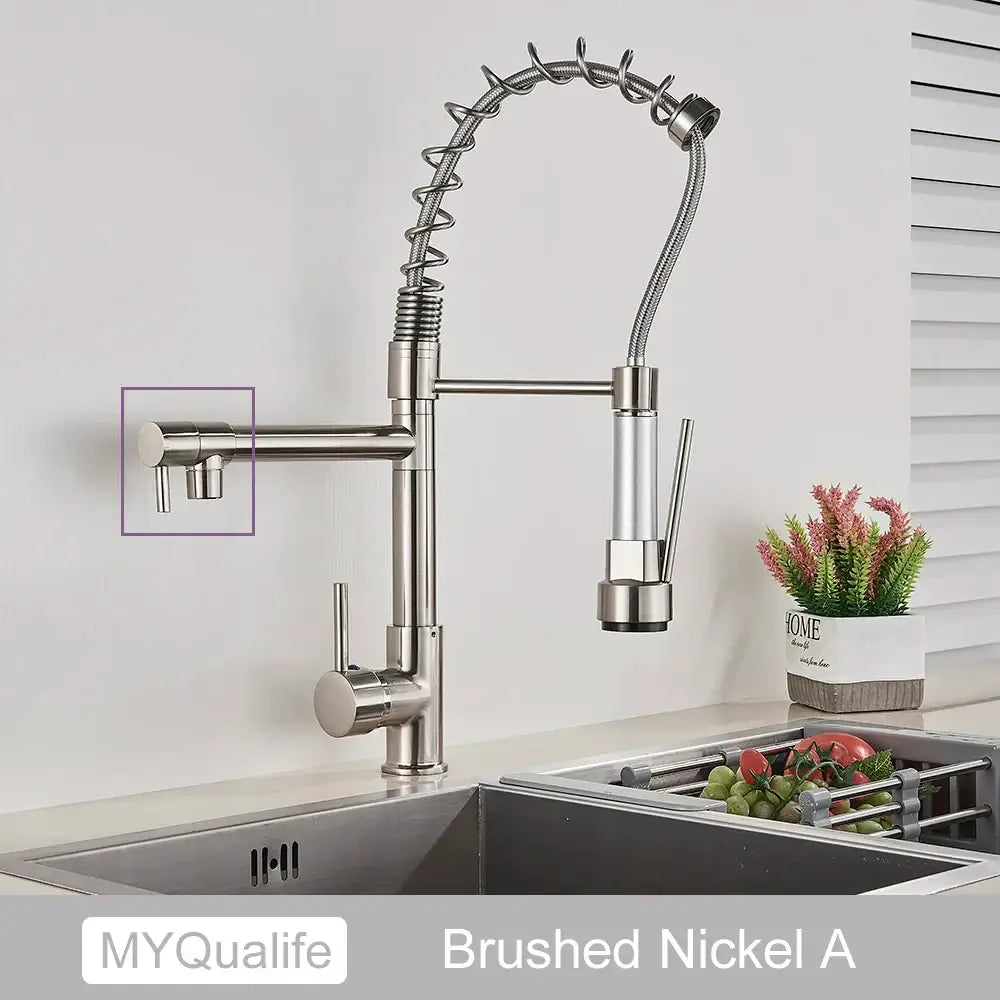 Modern matte black decorbites dual spout kitchen faucet with brushed nickel flexible coiled gooseneck pull-down spray head