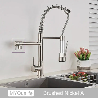 Modern matte black decorbites dual spout kitchen faucet with brushed nickel flexible coiled gooseneck pull-down spray head