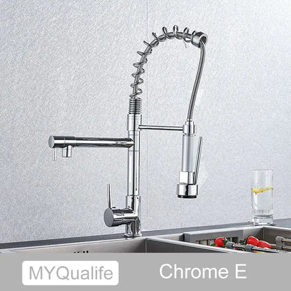 Modern matte black decorbites dual spout kitchen faucet with flexible spring hose and pull down spray head for spout kitchen sink
