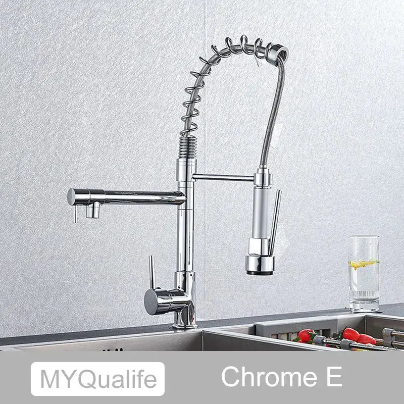 Modern matte black decorbites dual spout kitchen faucet with flexible spring hose and pull down spray head for spout kitchen sink
