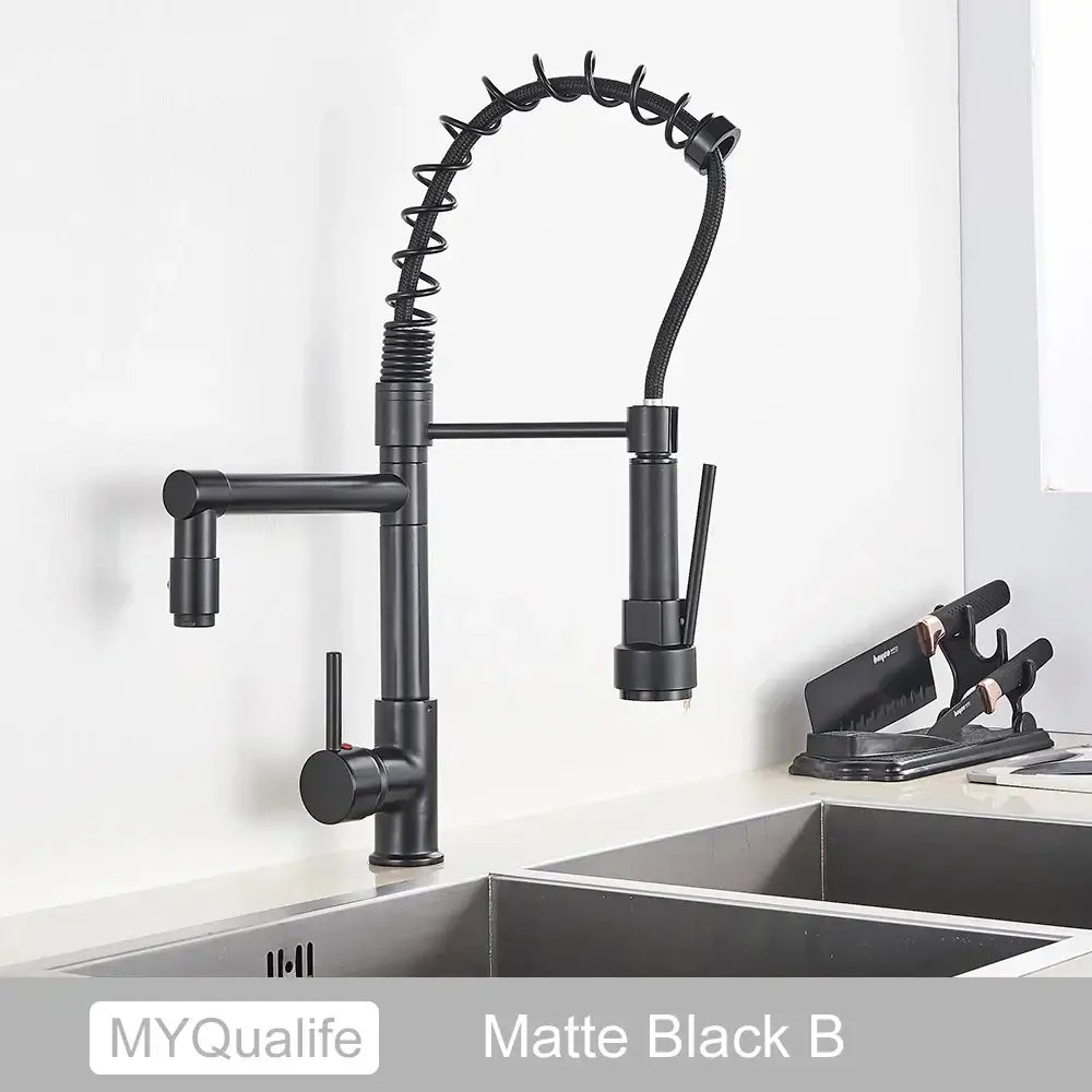 Modern matte black decorbites dual spout kitchen faucet with flexible coiled gooseneck and pull-down spray head