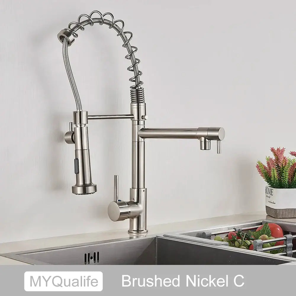 Modern matte black decorbites dual spout kitchen sink faucet with brushed nickel flexible spring hose and pull-down spray head