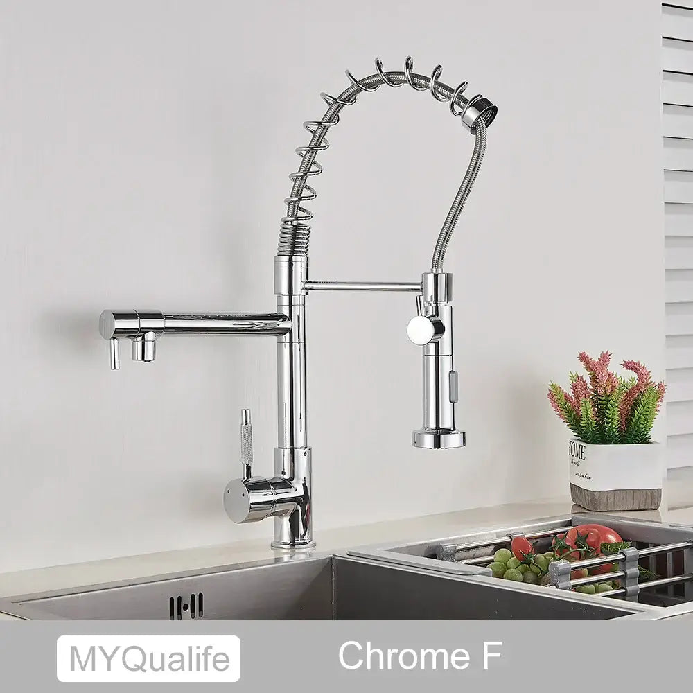 Chrome finished flexible gooseneck kitchen faucet with pull down spray head and multiple knobs for decorbites dual spout sink