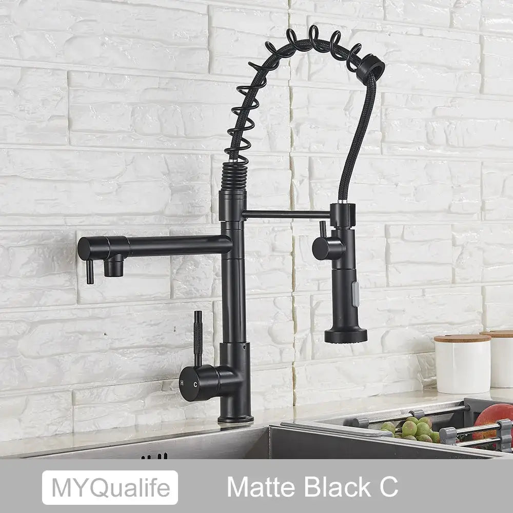 Modern matte black dual spout kitchen sink faucet with coiled spring hose and dual handles decorbites dual spout design