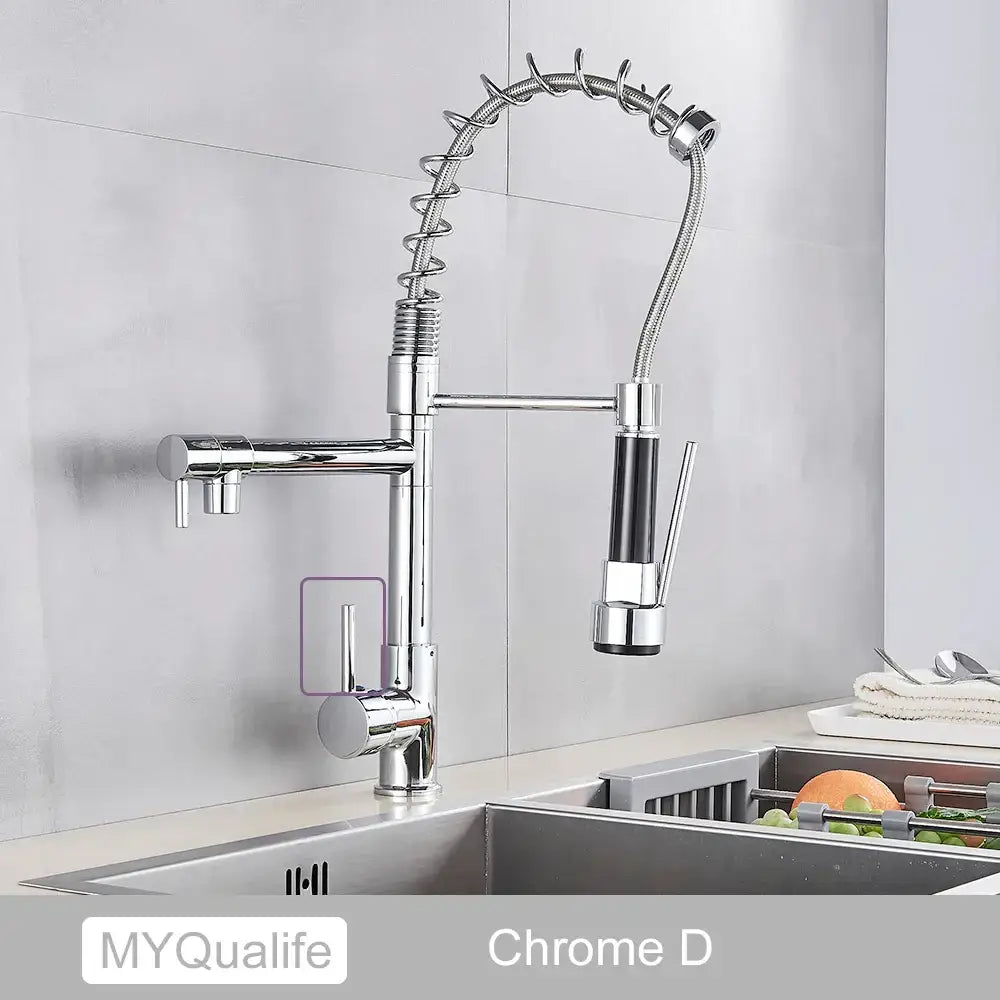 Modern matte black decorbites dual spout kitchen faucet with chrome finish flexible coiled hose and black-accented spray head