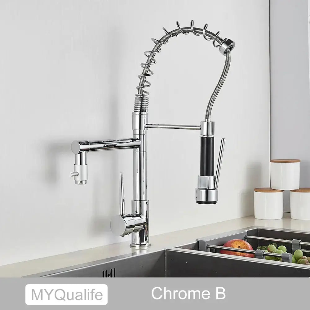 Modern matte black decorbites dual spout kitchen sink faucet with chrome finished flexible coiled spring hose and black accents