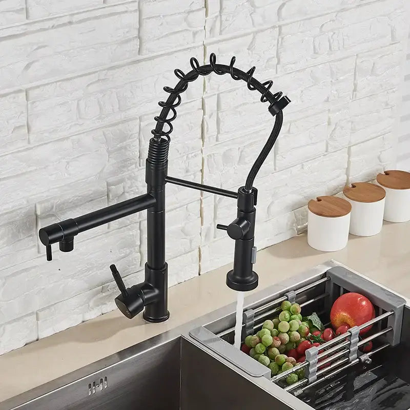 Modern matte black dual spout kitchen sink faucet with coiled flexible spring hose and dual handles for decorbites dual spout use