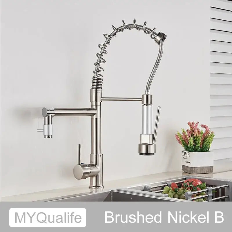 Modern matte black decorbites dual spout kitchen faucet with brushed nickel flexible coiled hose and pull-down spray head