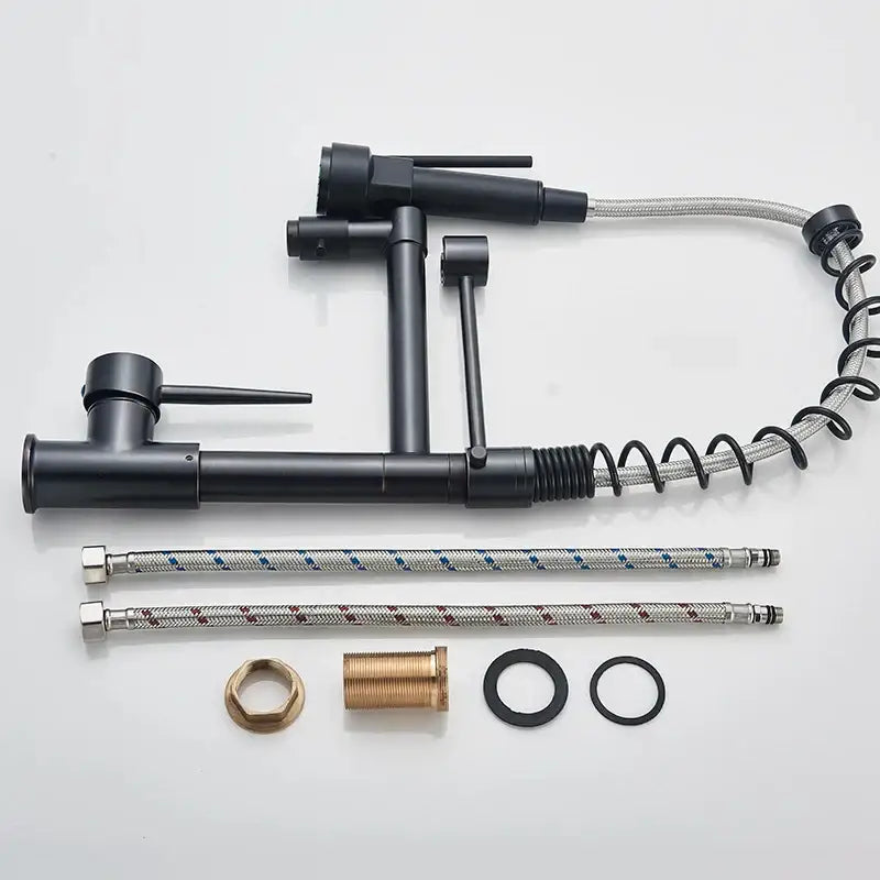 Modern matte black dual spout kitchen sink faucet with flexible spring hose and two handles for decorbites dual spout kitchen use