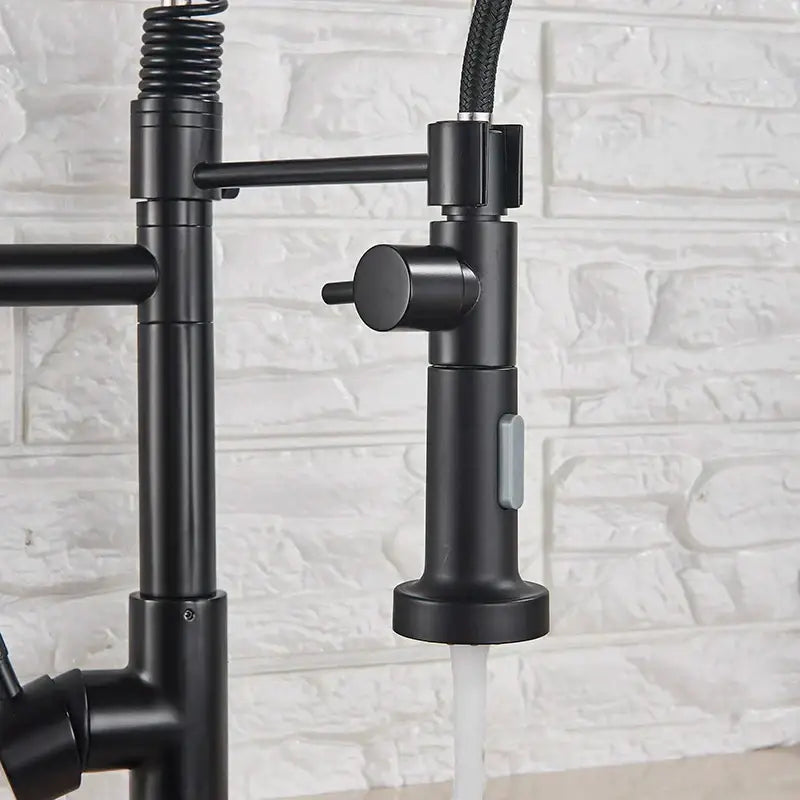 Modern matte black dual spout kitchen sink faucet with spring hose and extendable pull-down spray head for decorbites dual spout use