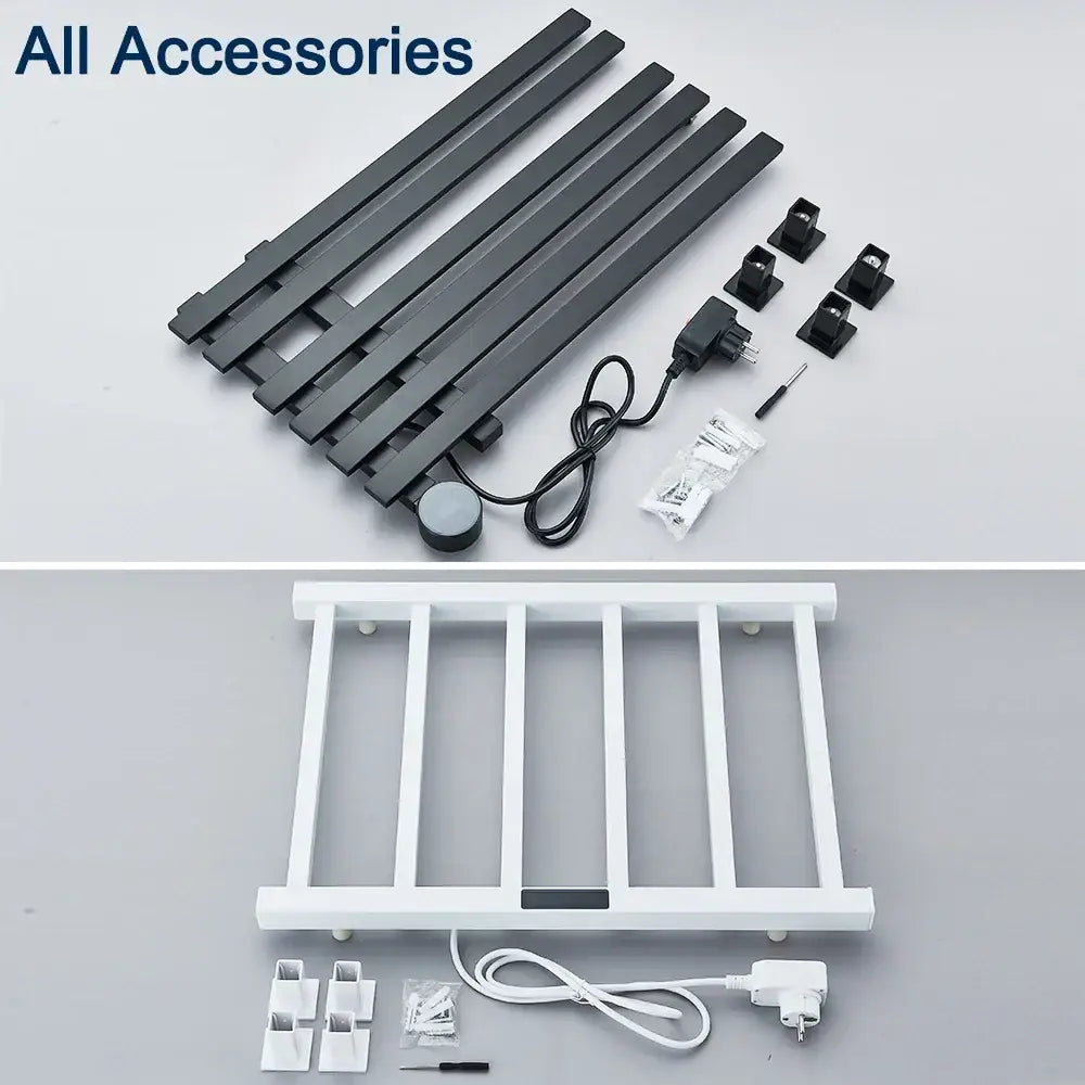 Modern matte black and white electric towel warmers with digital display featuring matching mounting hardware and power cords