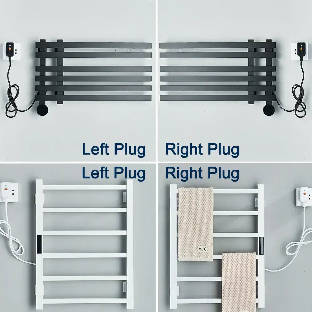 Modern matte black and white electric towel warmer with multiple horizontal bars and digital display for bathroom use