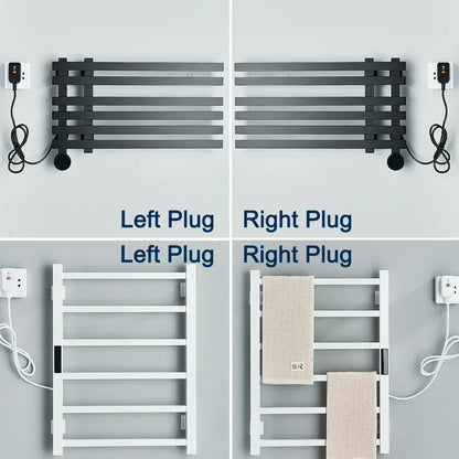 Modern matte black and white electric towel warmer with multiple horizontal bars and digital display for bathroom use