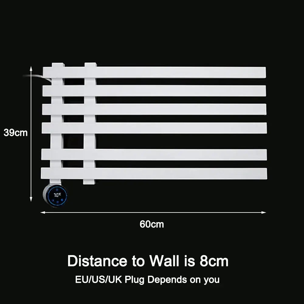 Modern matte black electric towel warmer with digital display and sleek horizontal slats for efficient heating